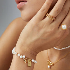 GOOD LUCK SQUARE TAG HEART SHAPE PEARL BRACELET