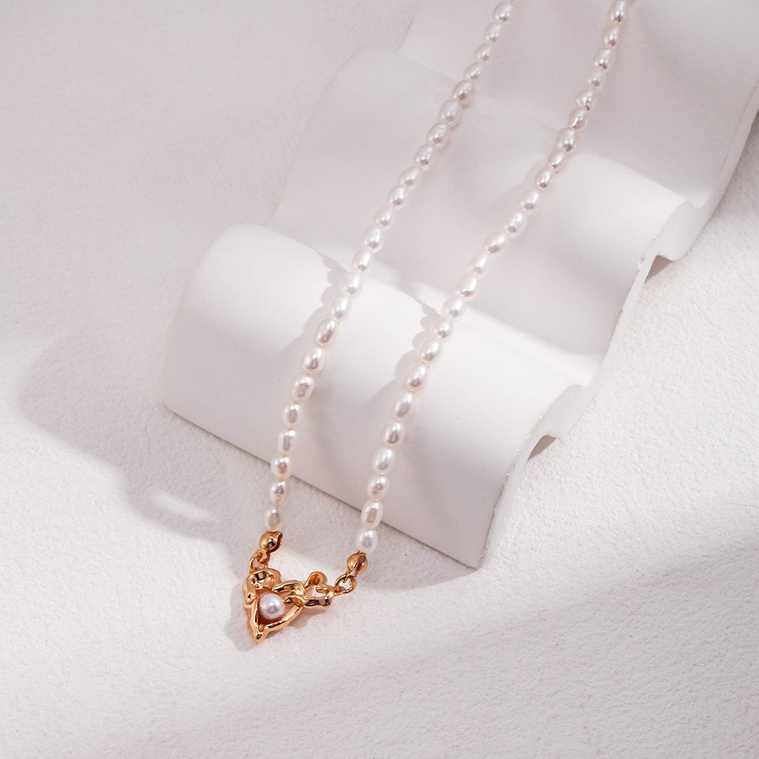 DOUBLE HEART CROSS PEARL NECKLACE