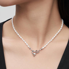 DOUBLE HEART CROSS PEARL NECKLACE