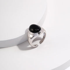 STERLING SILVER OPEN SIZE OVAL BLACK ONYX RING